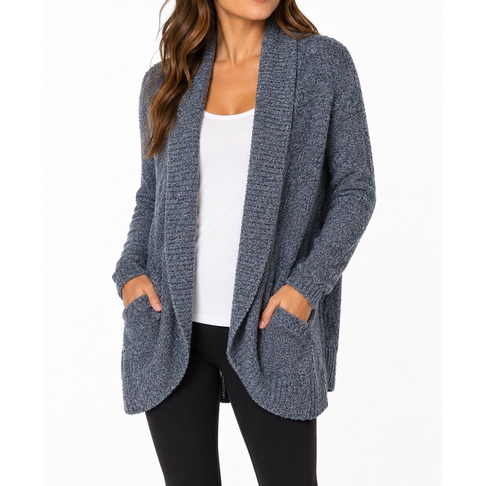 Barefoot Dreams CozyChic Lite Circle Cardigan M Blue Gray Open Front Pockets